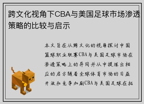 跨文化视角下CBA与美国足球市场渗透策略的比较与启示